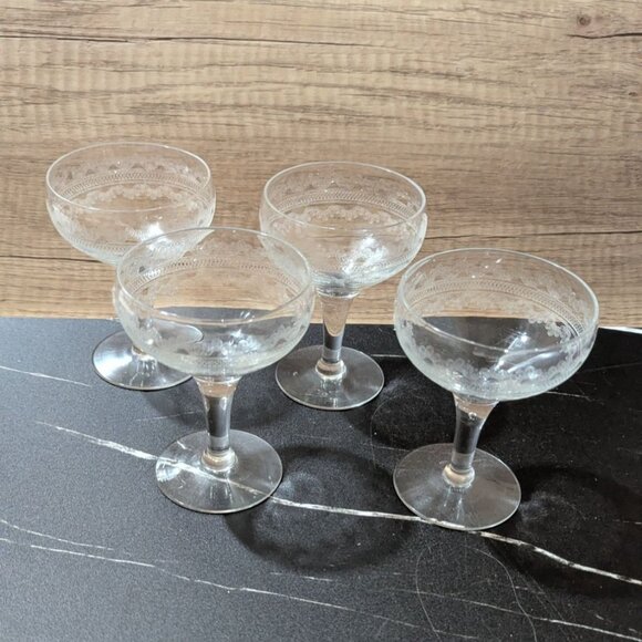 Fostoria Clover Leaf Etched Champagne Sherbet Coupes 4.5 Inch Set Of 4 vintage - Picture 8 of 11